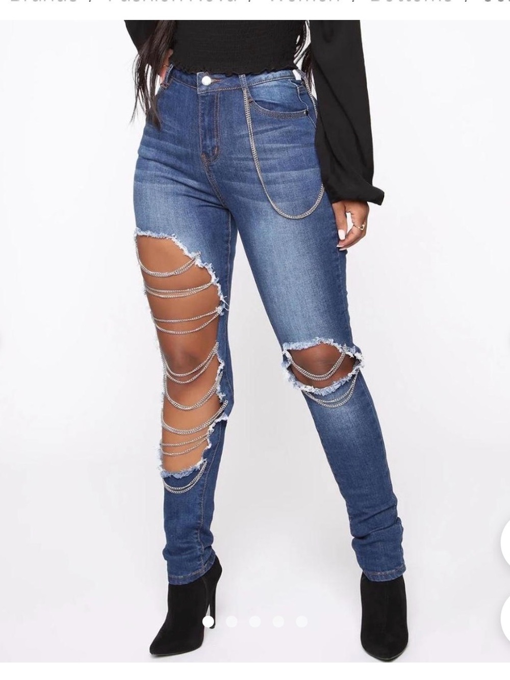 Fashion Nova Dark Blue Distressed Skinny Jeans with Gold Chain Trim